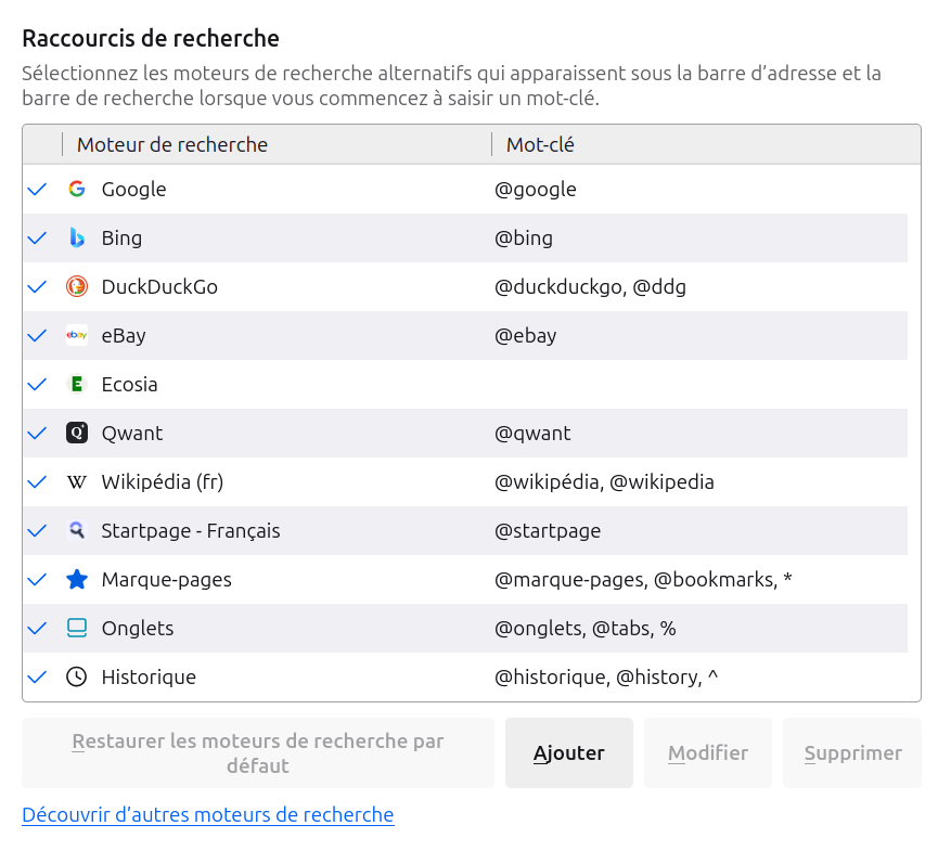 Firefox : gestion des moteurs de recherche